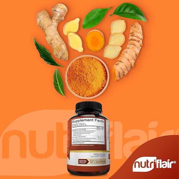 NutriFlair Turmeric Curcumin with Ginger and BioPerine Black Pepper Supplements, 180 Capsules - 95% Curcuminoids - Joint Support, Antioxidant, Anti Aging - Natural, Non-GMO, Vegan Best Maximum Potency