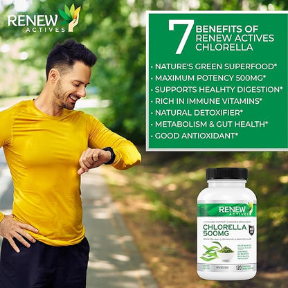 Renew Actives Chlorella Capsules 500mg - Rich in Antioxidants & Nutrients - Natural Source for Cellular Health, Vitality, & Wellness - Made in Canada - 120 Easy-to-Swallow Vegan Capsules
