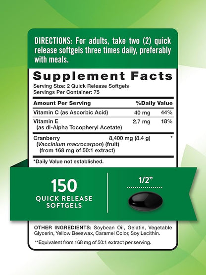 Nature's Truth Cranberry with Vitamin C Softgels | 8400mg | 150 Pills | Urinary Tract Health Support | Non-GMO & Gluten Free Supplement