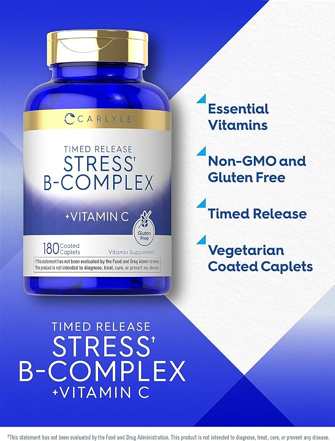 Carlyle Stress B-Complex Vitamin | 180 Vegetarian Caplets | with Vitamin C | Non-GMO & Gluten Free Supplement