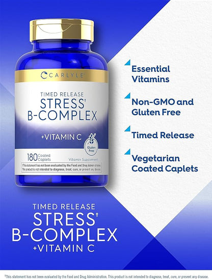 Carlyle Stress B-Complex Vitamin | 180 Vegetarian Caplets | with Vitamin C | Non-GMO & Gluten Free Supplement