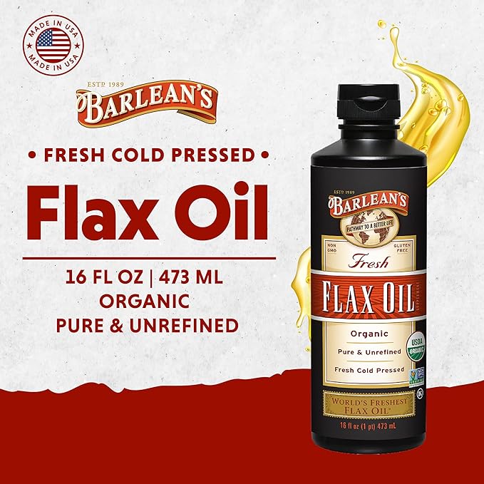 Barlean's Organic Flaxseed Oil Liquid from Cold Pressed Flax Seeds, 7,640mg ALA Omega 3 Fatty Acid Supplement for Joint and Heart Health, Vegan & Gluten Free, 16 oz