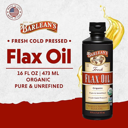Barlean's Organic Flaxseed Oil Liquid from Cold Pressed Flax Seeds, 7,640mg ALA Omega 3 Fatty Acid Supplement for Joint and Heart Health, Vegan & Gluten Free, 16 oz