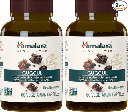 Himalaya Guggul, Cholesterol Supplement for Healthy LDL, HDL, and Triglyceride Levels, 750 mg, 60 Vegetarian Capsules, 1 Month Supply, 2 Pack