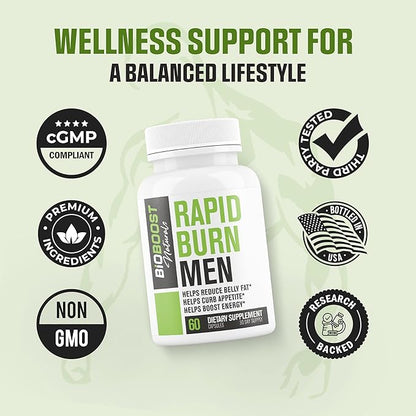 Rapid Fat Burner MEN | 7 Powerful Ingredients for Male Fat Loss, Appetite Suppressant + Carb Blocker | Lose Belly Fat, Increase Energy, Size, Stamina & Sustain Muscle Mass - 60 Capsules for Men
