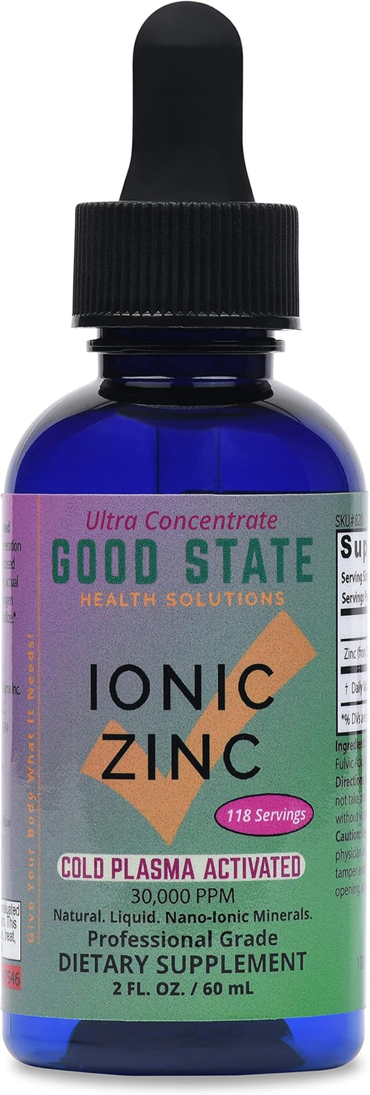 Cold Plasma-Activated Liquid Ionic Zinc Ultra Concentrate by Good State for Immune Support | No-GMO Pure Dietary Supplement | Vegan and Children Safe | 2 fl oz 118 Servings