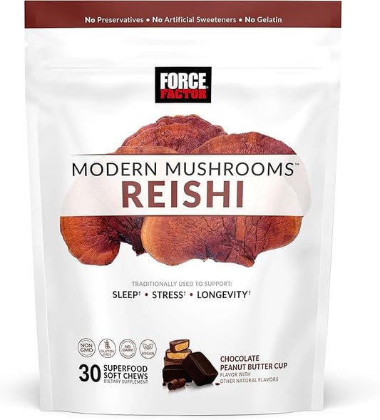 FORCE FACTOR Modern Mushrooms Soft Chews, Reishi Mushroom Supplement to Support Sleep, Stress Relief, & Longevity, Antioxidants Supplement, Delicious Chocolate Peanut Butter Cup Flavor, 30 Soft Chews