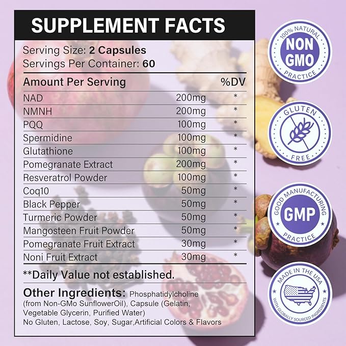 13-in-1 Antioxidants Supplement with NAD, NMNH, Resveratrol, Glutathione & PQQ - Natural Herbal & Fruit Formula - 120 Capsules (60-Day Supply)