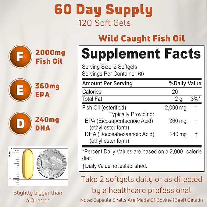 Omega 3 Fish Oil 2000mg. Fish Oil Omega 3 Supplements to Support Heart Health, Brain Functions and Cardiovascular System - Non-GMO, Gluten-Free & Keto-Friendly - 60 Servings, 120 Softgels