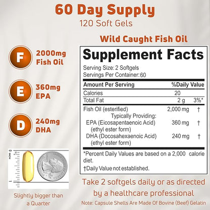 Omega 3 Fish Oil 2000mg. Fish Oil Omega 3 Supplements to Support Heart Health, Brain Functions and Cardiovascular System - Non-GMO, Gluten-Free & Keto-Friendly - 60 Servings, 120 Softgels