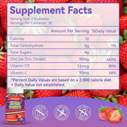 Zinc Gummies, Zinc 50mg, Zinc Citrate, with Vitamin C, Vitamin D3, Non-GMOs, Gluten Free, Strawberry Flavor Gummies, 60 Count