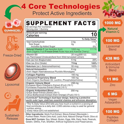 Liposomal Vitamin C 1000mg Filled Gummies for Adults & Kids 9+, 1660mg Blend w/ Echinacea, Elderberry, D3, Zinc, Iron, Bioflavonoid,Astaxanthin - Natural Organic Chewable Vitamin C Gummies, Sugar Free