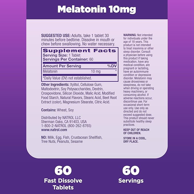 Natrol Fast Dissolve Melatonin 10 mg, Melatonin Supplements for Restful Sleep, Sleep Support for Adults, 60 Citrus-Flavored Tablets, Up to a 60 Day Supply