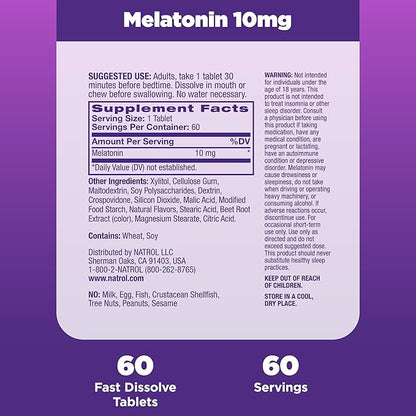 Natrol Fast Dissolve Melatonin 10 mg, Melatonin Supplements for Restful Sleep, Sleep Support for Adults, 60 Citrus-Flavored Tablets, Up to a 60 Day Supply