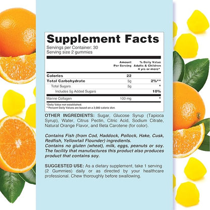 Collagen Gummies - 100 mg, Collagen Supplements for Women & Men, Gummy Vitamins, All-Natural, Gluten-Free, Non-GMO, Womens Vitamins Gummies - Orange Flavored, 60 Count