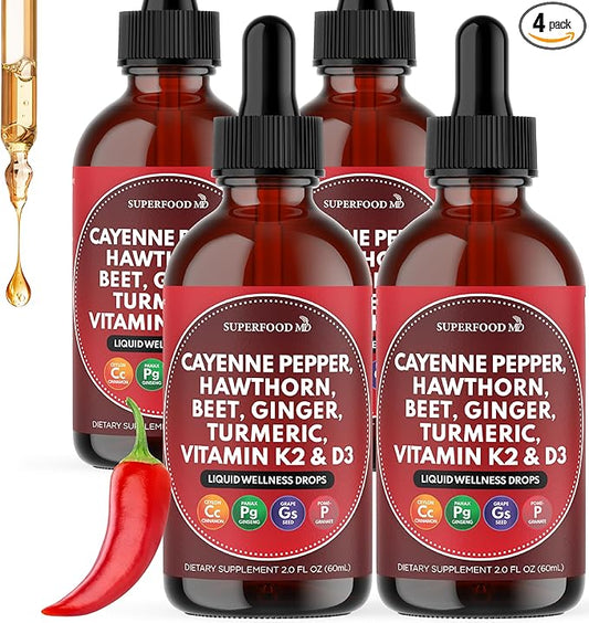 Cayenne Pepper Supplement Liquid Drops + Hawthorn Berry, Vitamin D3 K2 Beet Root Powder, Ceylon Cinnamon, Turmeric Curcumin, Organic Panax Ginseng - 8 OZ