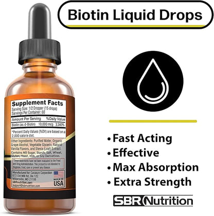 MAX Absorption Biotin Liquid Drops, 10000mcg of Biotin Per Serving, 60 Serving, No Artificial Preservatives, Vegan Friendly, Supports Healthy Hair Growth, Strong Nails and Glowing Skin, Made in USA