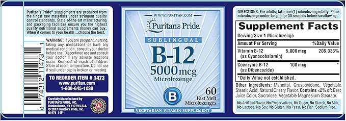 Puritans Pride Vitamin B-12 Helps Convert Food into Energy* 5000 Mcg Sublingual- Microlozenges, 60 Count (Pack of 1)