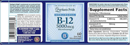 Puritans Pride Vitamin B-12 Helps Convert Food into Energy* 5000 Mcg Sublingual- Microlozenges, 60 Count (Pack of 1)