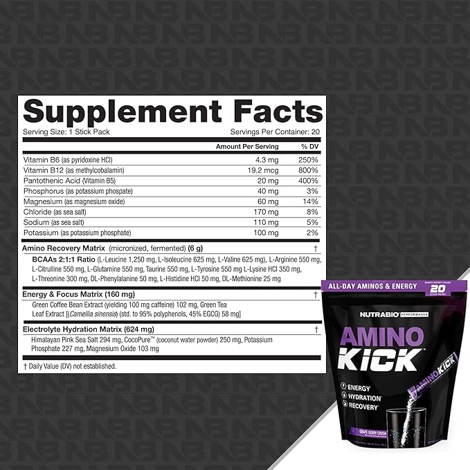 NutraBio – Amino Kick – All in One Performance Formula Energy, Hydration, Recovery 20 Servings, (Grape Berry Crush) – 6g Amino Acids – Support Muscle Building