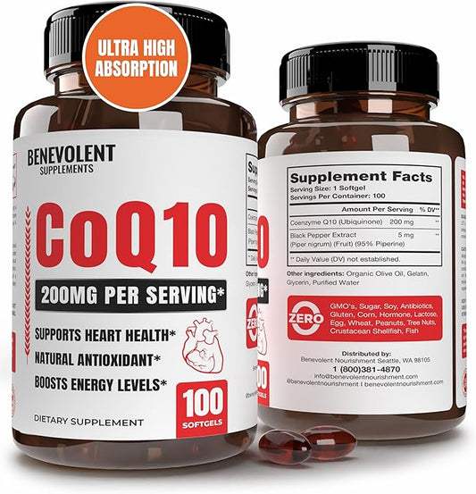 Premium CoQ10 200mg Softgels, Coenzyme Q10 Supplement with Enhanced Absorption, Antioxidant Formula for Heart Health, Energy Production & Healthy Aging, Non-GMO, 100 Count