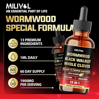 13in1 Wormwood Liquid Drops - 1900mg Black Walnut Wormwood Liquid Extract with Whole Cloves & More - 60 Day Supply - 2 Fl Oz