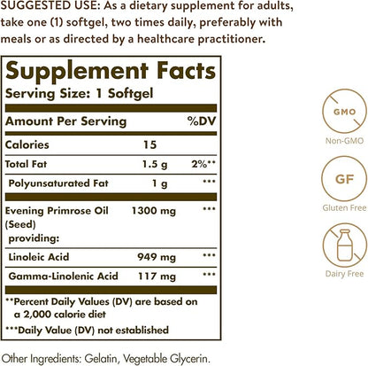 Solgar Evening Primrose Oil 1300 mg, 60 Softgels - Promotes Healthy Skin & Cardiovascular Health - Nutritional Support for Women - Non-GMO, Gluten Free, Dairy Free - 60 Servings
