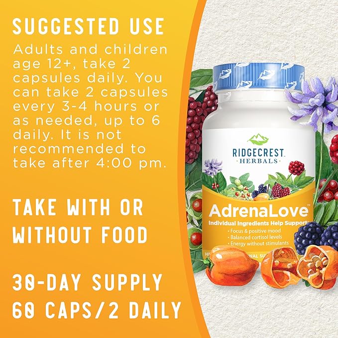 Ridgecrest Herbals AdrenaLove, Stress and Energy Support Supplement with Ashwagandha, L-Theanine, Ginseng, Schisandra, Taurine, Holy Basil, Adaptogens, B Vitamins (60 Vegan Caps, 30 Serv)