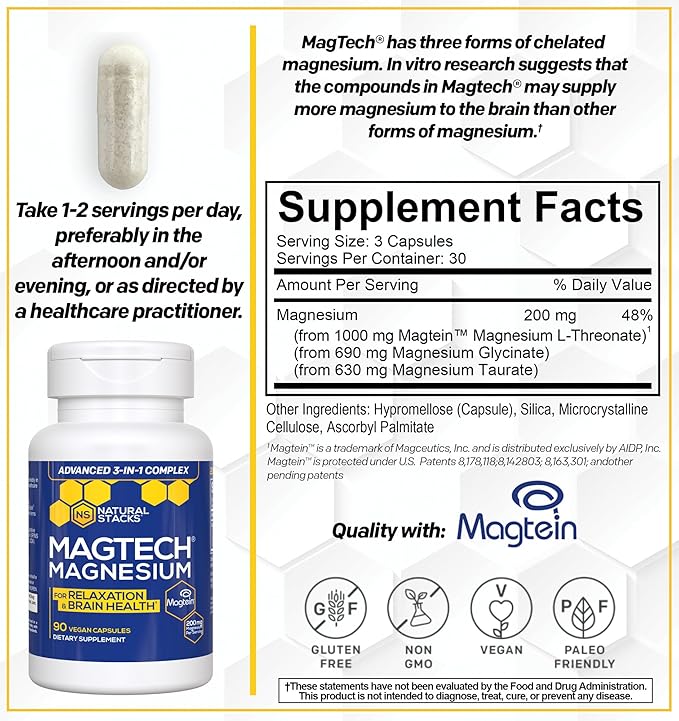 MagTech Magnesium Supplement - 3 Forms of Magnesium: Magtein L-Threonate, Glycinate & Taurate - 200mg Chelated Magnesium Complex - Supports Relaxation & Brain Health - 90 Capsules