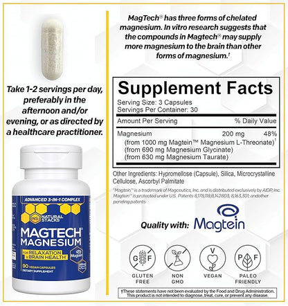 MagTech Magnesium Supplement - 3 Forms of Magnesium: Magtein L-Threonate, Glycinate & Taurate - 200mg Chelated Magnesium Complex - Supports Relaxation & Brain Health - 90 Capsules