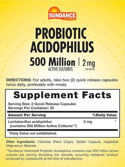 Sundance Probiotic Acidophilus | 500 Million Active Cultures | 60 Quick Release Capsules | Non-GMO, Gluten Free Supplement