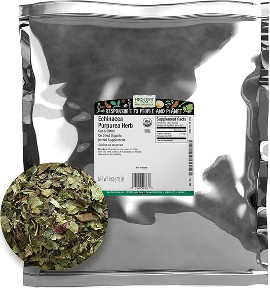 Frontier Organic Echinacea Purpurea Herb, 16 Ounce, Organic Purple Cornflower For Tea, Soup, Lemongrass, Mildly Minty, Kosher