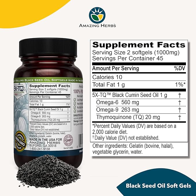 Amazing Herbs Premium Black Seed Oil Capsules - Cold Pressed Nigella Sativa Aids in Digestive Health, Immune Support, Brain Function, Gluten Free, Non GMO - 90 Count, 500mg