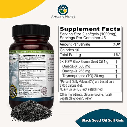 Amazing Herbs Premium Black Seed Oil Capsules - Cold Pressed Nigella Sativa Aids in Digestive Health, Immune Support, Brain Function, Gluten Free, Non GMO - 90 Count, 500mg