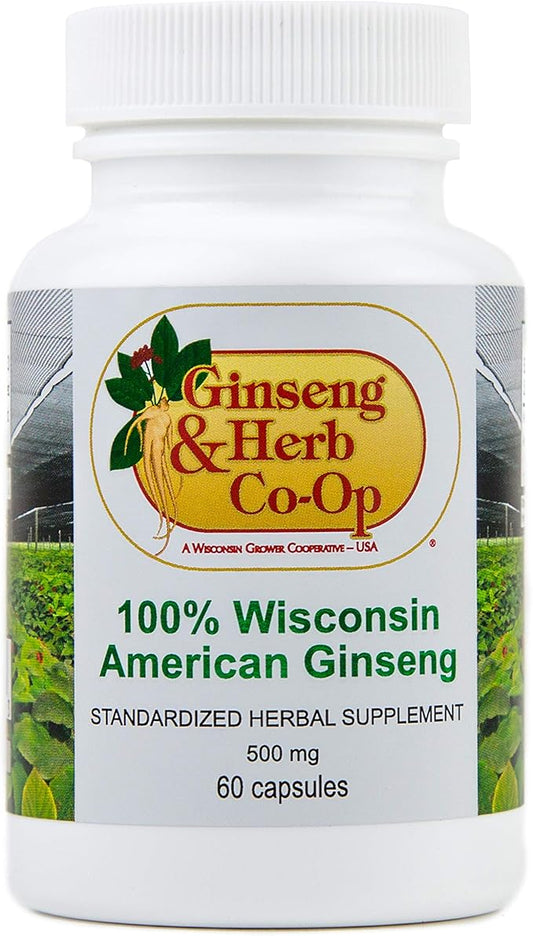 100% Pure Wisconsin American Ginseng Capsules - 500mg. Authentic Panax Quinquefolius. Potent Ground Ginseng Root - No Fillers, Binders or Other Additives.