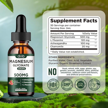 Magnesium Glycinate Supplement, Magnesium Liquid Drops with Magnesium Glycinate 500mg Ashwagandha, L - Theanine, Chamomile -Support Stress Relief, Bone, Muscle, Mood Strawberry Flavor 2Pack
