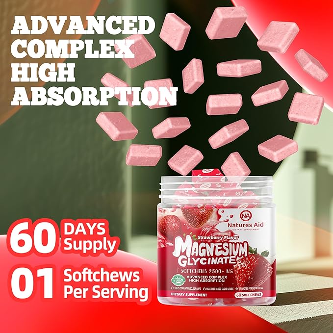 Magnesium Glycinate Soft Chews, Strawberry Flavor.Chewable Sugar Free Potassium Magnesium Chews with Magnesium Glycinate, Vitamin D, B6, and CoQ10 for Calm Support & Sleep for Adults, 60 Days Supply