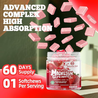 Magnesium Glycinate Soft Chews, Strawberry Flavor.Chewable Sugar Free Potassium Magnesium Chews with Magnesium Glycinate, Vitamin D, B6, and CoQ10 for Calm Support & Sleep for Adults, 60 Days Supply