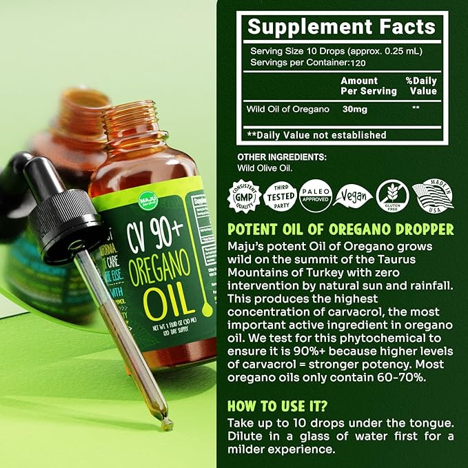 Maju Superfoods Oregano Oil Drops, Potent 90%+ Carvacrol (1 fl Oz) Wild Mediterranean Essential Oil of Oregano Liquid, Aceite de Oregano, Immune and Seasonal Support