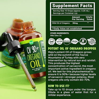 Maju Superfoods Oregano Oil Drops, Potent 90%+ Carvacrol (1 fl Oz) Wild Mediterranean Essential Oil of Oregano Liquid, Aceite de Oregano, Immune and Seasonal Support