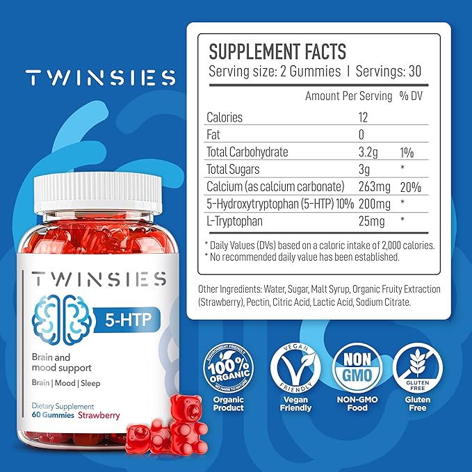 5-HTP Supplement 200mg Calm Gummies for Sleep Mood & Brain Health Support – L-Tryptophan 60 Strawberry Flavor Sleep Gummies for Adults – Gluten-Free & Non-GMO