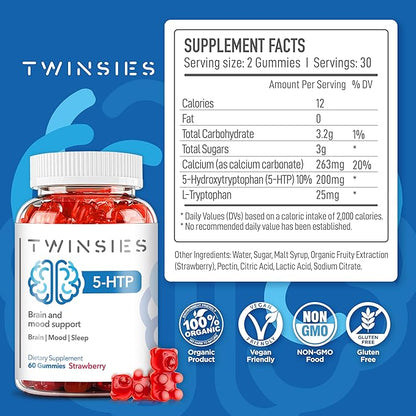 5-HTP Supplement 200mg Calm Gummies for Sleep Mood & Brain Health Support – L-Tryptophan 60 Strawberry Flavor Sleep Gummies for Adults – Gluten-Free & Non-GMO