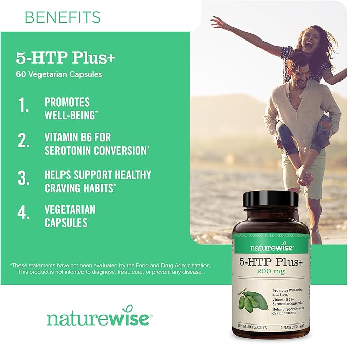 NatureWise 5-HTP 200mg Supplement from Griffonia Seeds with Cofactor Vitamin B6 - Mood Support and Natural Sleep Aid for Adults - Delayed-Release, Vegan - 30 Count[1-Month Supply]