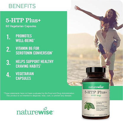 NatureWise 5-HTP 200mg Supplement from Griffonia Seeds with Cofactor Vitamin B6 - Mood Support and Natural Sleep Aid for Adults - Delayed-Release, Vegan - 30 Count[1-Month Supply]