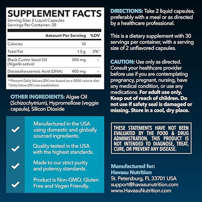 Black Seed Oil with DHA Supplement for Brain Health and Cognition - Cold Pressed Black Cumin Seed Oil and DHA Omega 3-60 Liquid Capsules, Unflavored, Vegan, Non-GMO, and Gluten-Free - 1 Month Supply