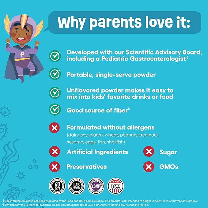 Physician's Choice Kids Probiotic + Prebiotic Fiber Packets (Ages 1+) - Supports Regularity, Occasional Constipation & A Healthy Digestive System - No Allergens or Preservatives - Unflavored - 24 Pack