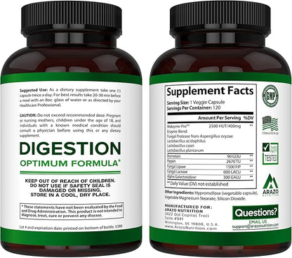 Digestive Enzymes with Probiotics - Multi Enzyme Nutritional Supplement - Acidophilus Bromelain Papaya Papain Lipase & Lactase - Improve Digestion - 120 Pills - Arazo Nutrition