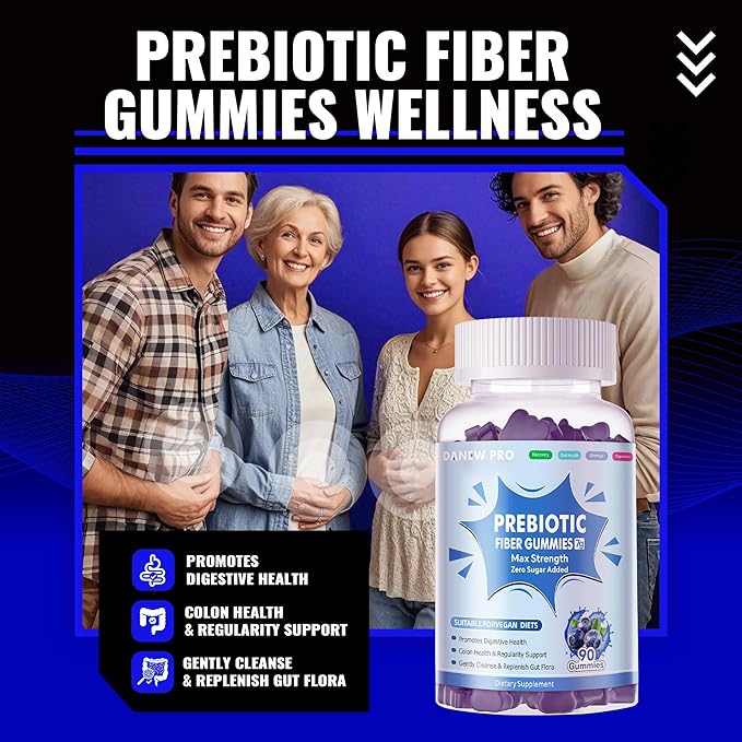 Prebiotic Fiber Gummies for Adults, 7G Extra Strength, Zero Sugar Added, 90 Pectin Based Gummies, Digestive Health & Regularity Support-Blueberry-2PACK