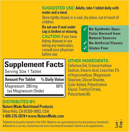 Nature Made Magnesium Oxide 250 mg, Magnesium Supplement for Muscle, Heart, Bone and Nerve Health Support, 100 Tablets, 100 Day Supply
