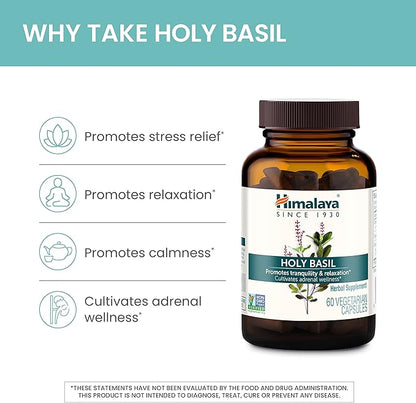 Himalaya Holy Basil Tulsi Herbal Supplement, Stress Relief, Relaxation, Occasional Sleeplessness, Promotes Calm, Energy Support, Ayurvedic, Non-GMO, Vegan, 720 mg, 60 Capsules, 30 Day Supply